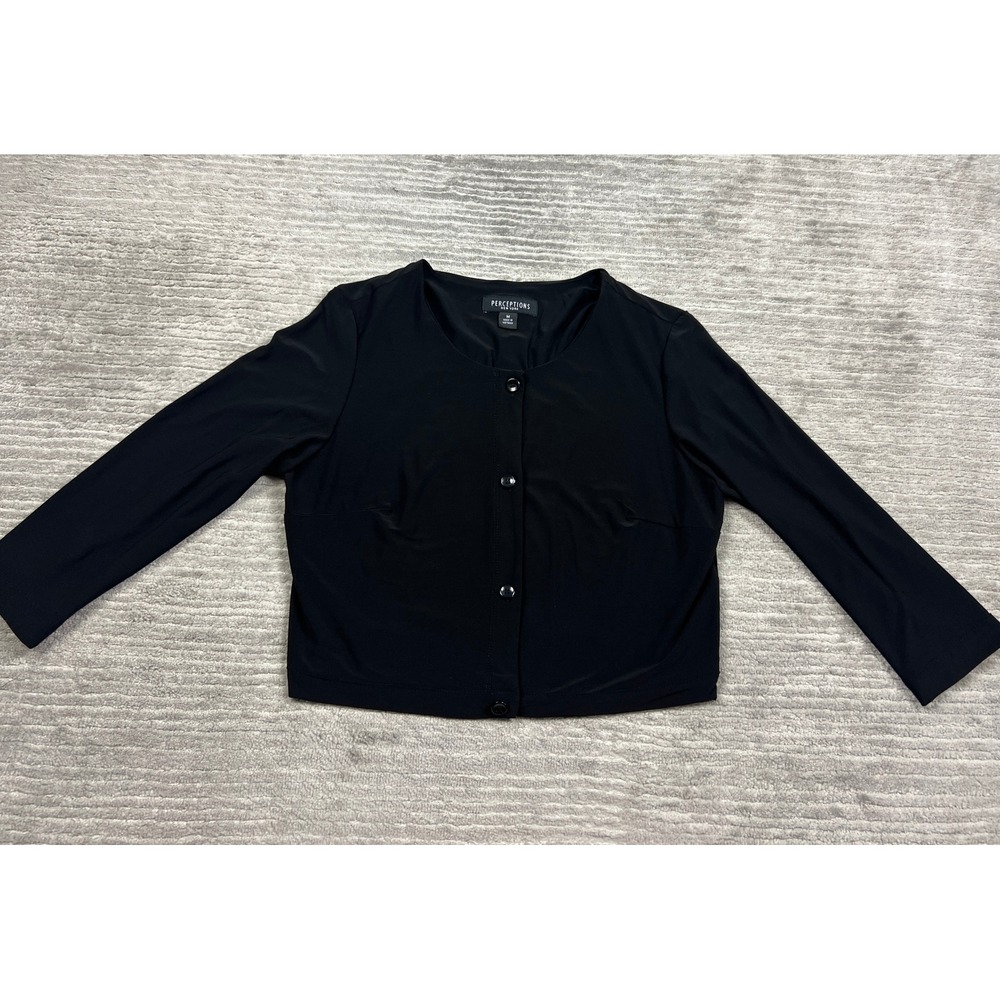 Perceptions Cardigan Women M Black Cropped Button Front 3/4 Sleeve Jersey Knit